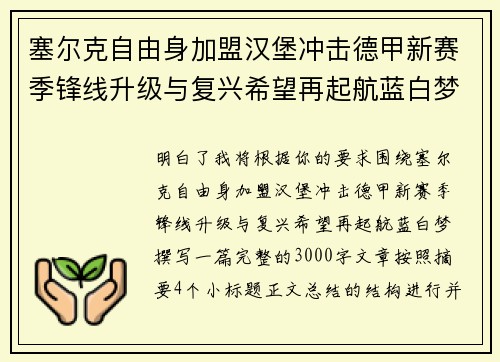 塞尔克自由身加盟汉堡冲击德甲新赛季锋线升级与复兴希望再起航蓝白梦 塞尔克自由身加盟汉堡冲击德甲新赛季锋线升级与复兴希望再起航蓝白梦